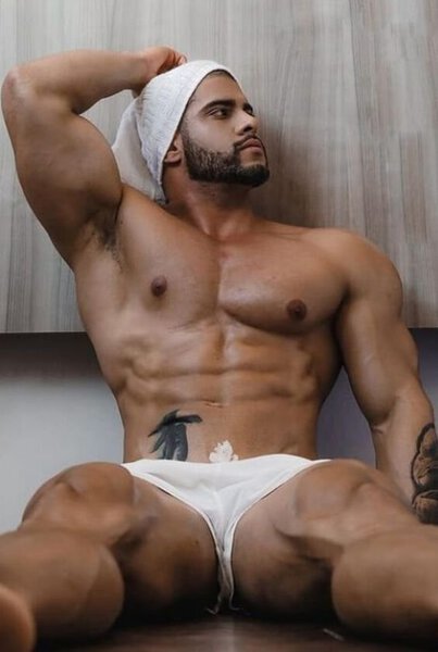 Man Spreading-Bad Boy Look-White Briefs-Towel on Head