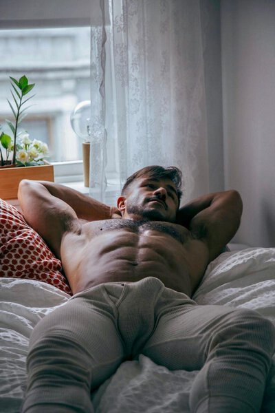 Relaxing on Bed-Beard-Furry Chest-Pits-Long Johns-Nice Bulge