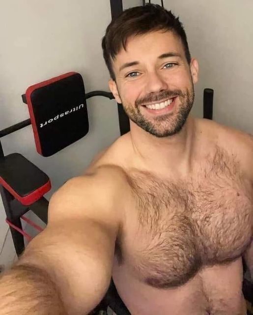 Scruff beard - smile - chest hair