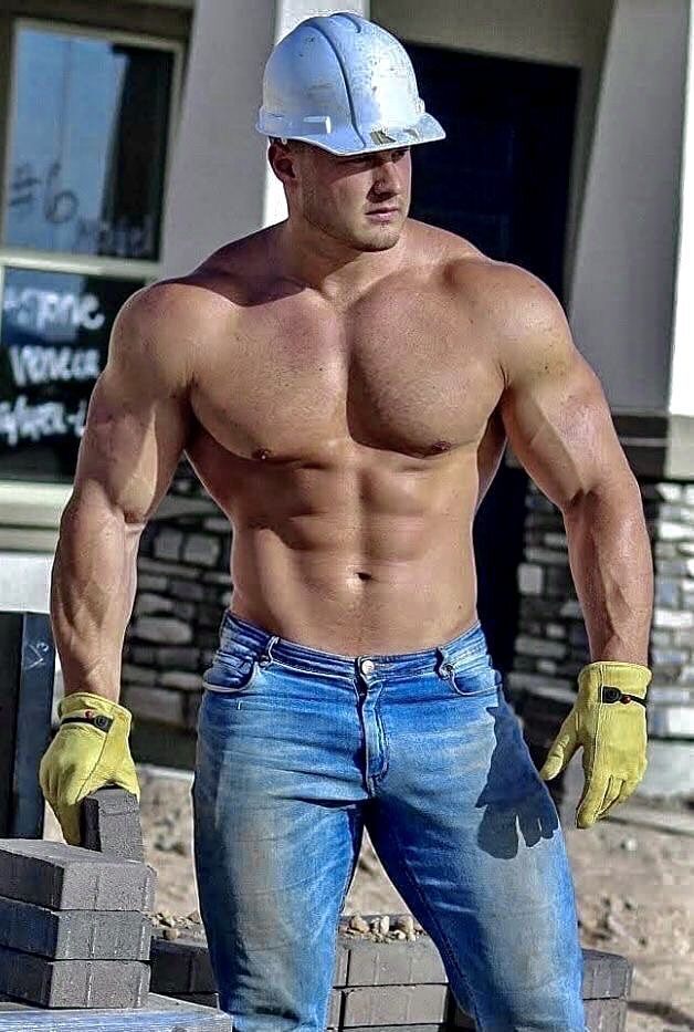 Guy with hard hat wearing jeans! Woof!