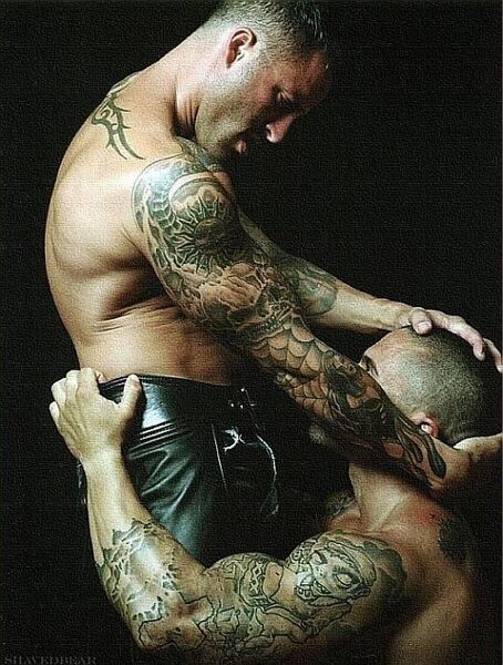 Leather boys with tatts getting things going