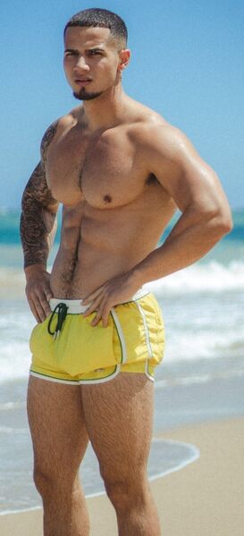 A happy trail at the beach… not to mention nice pecs.