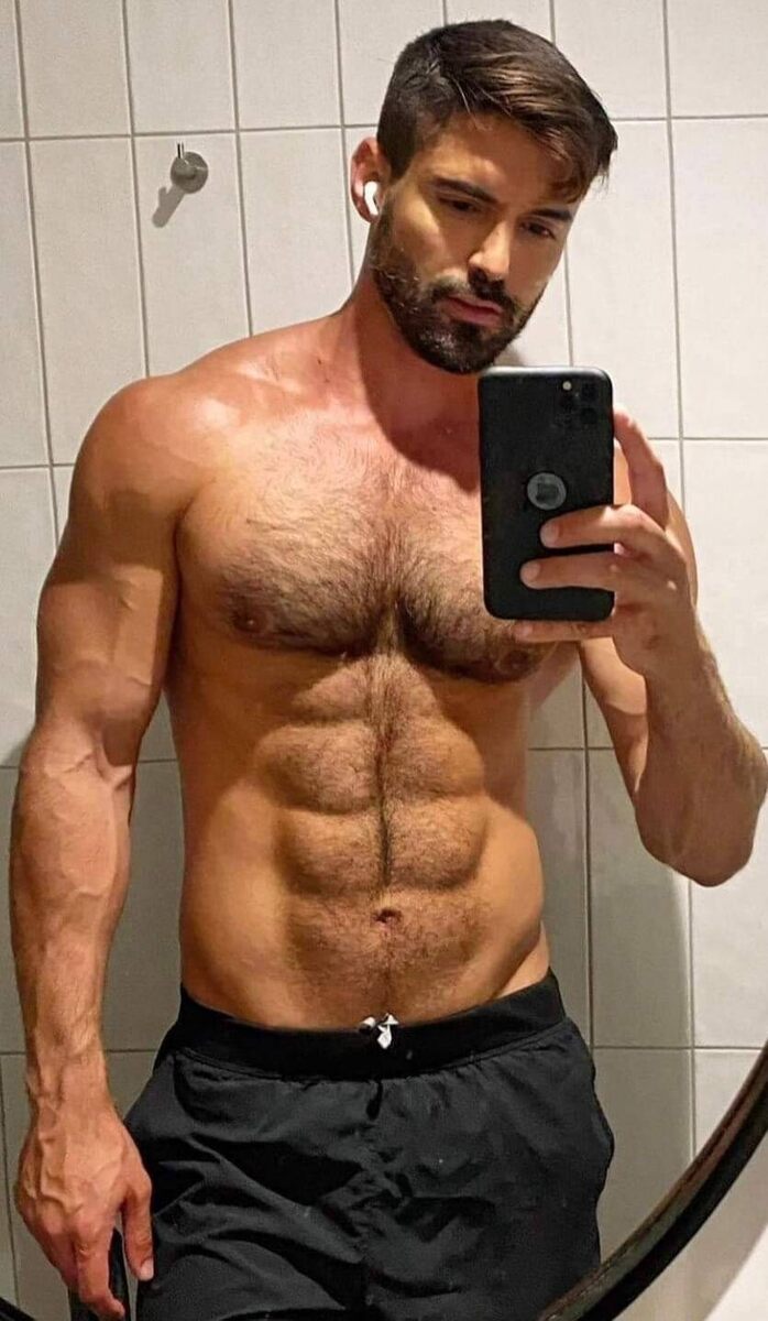 His hairy chest and six pack selfie