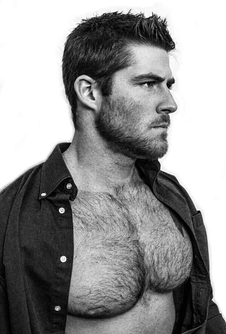 His hairy chest and masculine scruff beard profile