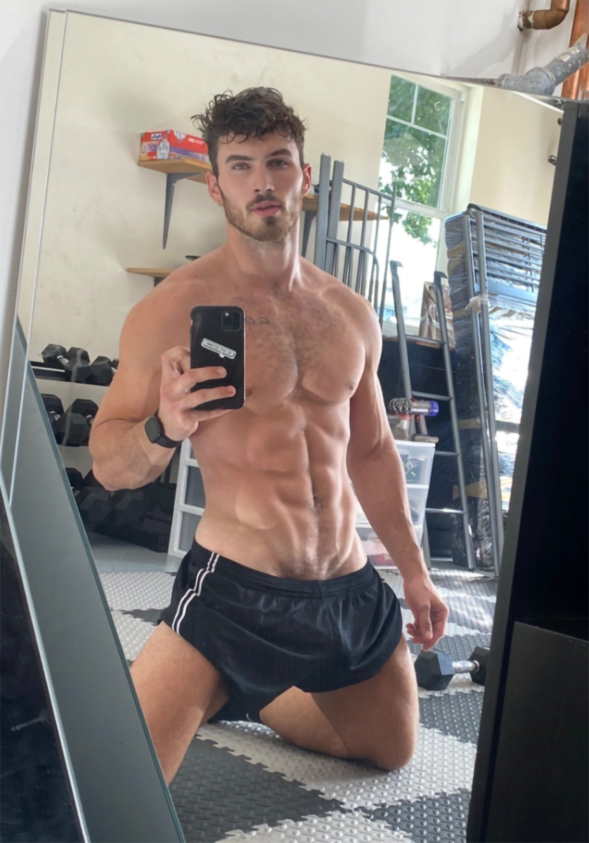 On his knees in his gym works for me as well…
