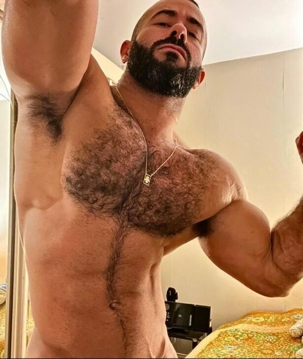 His hairy chest and full beard