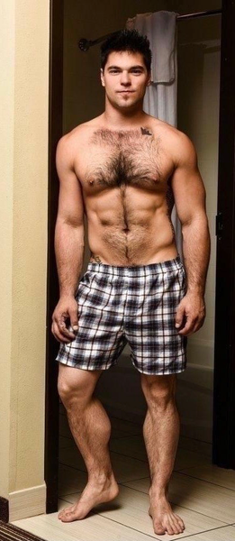 His classic plaid boxer look… and you will be impressed with what you see when they are removed.