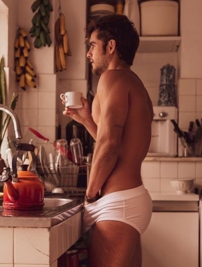 Checking to see if that dark roast is giving him the get up and go he needs.